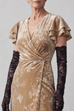 Champagne Ruched V-Neck Sheath Long Mother of the Bride Dress with Ruffle Flutter Sleeves