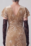 Champagne Ruched V-Neck Sheath Long Mother of the Bride Dress with Ruffle Flutter Sleeves