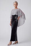 Black Embroidery Sequins Ruched Bateau Neck Velvet Mother of the Bride Dress with Chiffon Cape