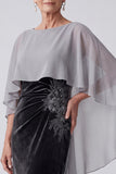 Black Embroidery Sequins Ruched Bateau Neck Velvet Mother of the Bride Dress with Chiffon Cape