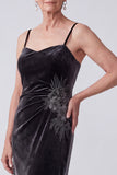 Black Embroidery Sequins Ruched Bateau Neck Velvet Mother of the Bride Dress with Chiffon Cape