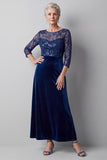 Dark Blue Illusion Round Neck Velvet Embroidery Sequins Long Mother of the Bride Dress