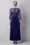 Dark Blue Illusion Round Neck Velvet Embroidery Sequins Long Mother of the Bride Dress