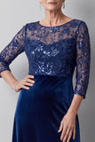 Dark Blue Illusion Round Neck Velvet Embroidery Sequins Long Mother of the Bride Dress