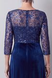 Dark Blue Illusion Round Neck Velvet Embroidery Sequins Long Mother of the Bride Dress