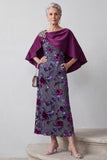 Fuchsia Sheath Satin Rhinestone Velvet Floral Midi Mother of the Bride Dress with Cape