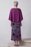 Fuchsia Sheath Satin Rhinestone Velvet Floral Midi Mother of the Bride Dress with Cape