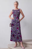 Fuchsia Sheath Satin Rhinestone Velvet Floral Midi Mother of the Bride Dress with Cape