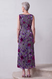 Fuchsia Sheath Satin Rhinestone Velvet Floral Midi Mother of the Bride Dress with Cape