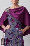 Fuchsia Sheath Satin Rhinestone Velvet Floral Midi Mother of the Bride Dress with Cape