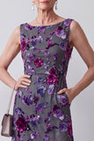 Fuchsia Sheath Satin Rhinestone Velvet Floral Midi Mother of the Bride Dress with Cape