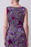 Fuchsia Sheath Satin Rhinestone Velvet Floral Midi Mother of the Bride Dress with Cape