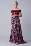 Off the Shoulder Burgundy Mermaid Velvet Ruched Floral Mother of the Bride Dress with Draping