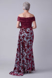 Off the Shoulder Burgundy Mermaid Velvet Ruched Floral Mother of the Bride Dress with Draping