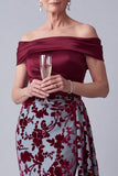 Off the Shoulder Burgundy Mermaid Velvet Ruched Floral Mother of the Bride Dress with Draping