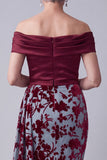 Off the Shoulder Burgundy Mermaid Velvet Ruched Floral Mother of the Bride Dress with Draping
