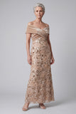 Off the Shoulder Champagne Sequins Appliques Velvet Sheath Mother of the Bride Dress