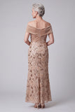 Off the Shoulder Champagne Sequins Appliques Velvet Sheath Mother of the Bride Dress