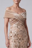 Off the Shoulder Champagne Sequins Appliques Velvet Sheath Mother of the Bride Dress