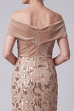 Off the Shoulder Champagne Sequins Appliques Velvet Sheath Mother of the Bride Dress