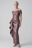 Grey Off the Shoulder Ruched Jacquard Sheath Mother of the Bride Dress with Draping