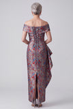 Grey Off the Shoulder Ruched Jacquard Sheath Mother of the Bride Dress with Draping
