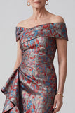 Grey Off the Shoulder Ruched Jacquard Sheath Mother of the Bride Dress with Draping