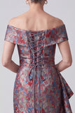Grey Off the Shoulder Ruched Jacquard Sheath Mother of the Bride Dress with Draping