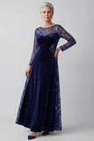 Navy Illusion Round Neck Embroidery Velvet Sequins A-Line Mother of the Bride Dress