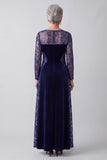 Navy Illusion Round Neck Embroidery Velvet Sequins A-Line Mother of the Bride Dress