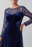 Navy Illusion Round Neck Embroidery Velvet Sequins A-Line Mother of the Bride Dress