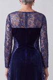 Navy Illusion Round Neck Embroidery Velvet Sequins A-Line Mother of the Bride Dress