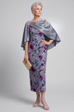 Grey Floral Velvet Sheath Satin Rhinestone Bateau Neck Mother of the Bride Dress with Cape