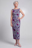 Grey Floral Velvet Sheath Satin Rhinestone Bateau Neck Mother of the Bride Dress with Cape