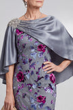 Grey Floral Velvet Sheath Satin Rhinestone Bateau Neck Mother of the Bride Dress with Cape