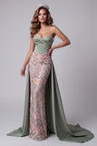 Sage Green Floral Embroidery Satin Pearls Corset Sheath Strapless Maxi Pageant Dress with Draping