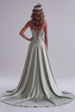 Sage Green Floral Embroidery Satin Pearls Corset Sheath Strapless Maxi Pageant Dress with Draping