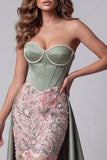Sage Green Floral Embroidery Satin Pearls Corset Sheath Strapless Maxi Pageant Dress with Draping