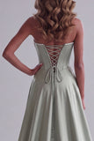 Sage Green Floral Embroidery Satin Pearls Corset Sheath Strapless Maxi Pageant Dress with Draping