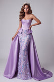 Lavender Satin Corset Pearls Mermaid Floral Embroidery Strapless Pageant Dress with Draping