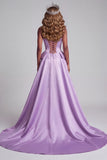 Lavender Satin Corset Pearls Mermaid Floral Embroidery Strapless Pageant Dress with Draping