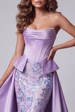 Lavender Satin Corset Pearls Mermaid Floral Embroidery Strapless Pageant Dress with Draping
