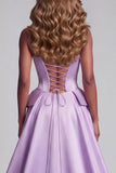 Lavender Satin Corset Pearls Mermaid Floral Embroidery Strapless Pageant Dress with Draping