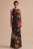 Black Sheath Halter Keyhole Printed Maxi Wedding Guest Dress