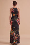 Black Sheath Halter Keyhole Printed Maxi Wedding Guest Dress