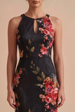 Black Sheath Halter Keyhole Printed Maxi Wedding Guest Dress