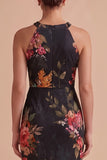 Black Sheath Halter Keyhole Printed Maxi Wedding Guest Dress