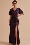 Plum Sheath Cowl Neck Ruched Satin Maxi Wedding Guest Dress with Side Slit