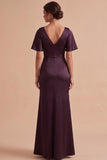 Plum Sheath Cowl Neck Ruched Satin Maxi Wedding Guest Dress with Side Slit
