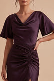 Plum Sheath Cowl Neck Ruched Satin Maxi Wedding Guest Dress with Side Slit